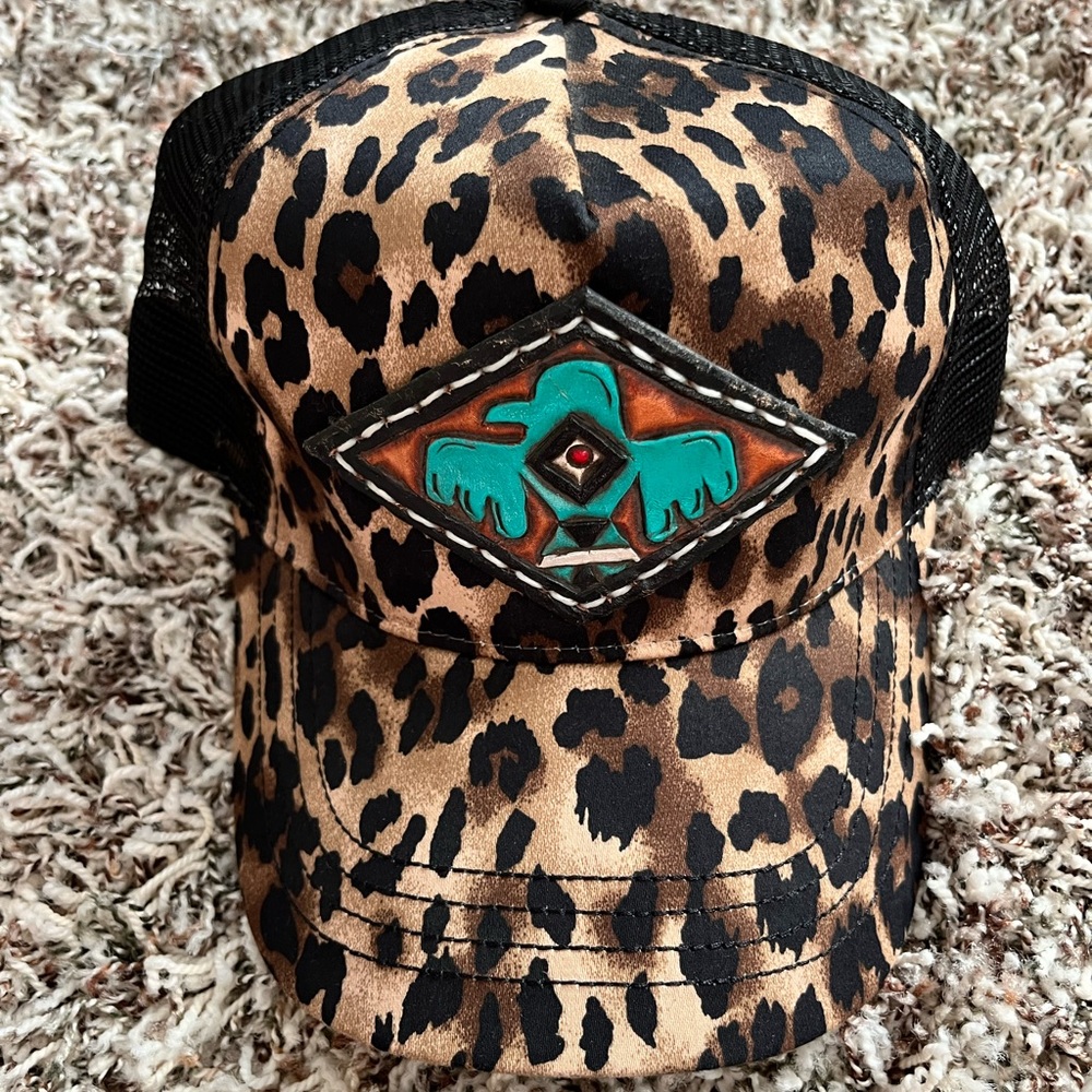 Western hand tooled thunderbird and cheetah print hat